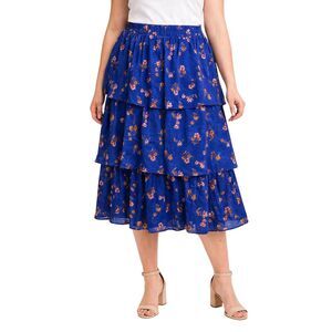 Draper James RSVP Blue Floral Tiered Ruffle Midi Skirt Layered Hem Size L